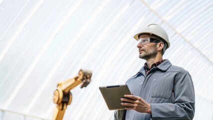 Industrial engineer utilizing tablet in modern factory hall with robotic machines in background for enhanced automation insight
