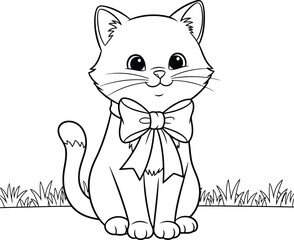 Cute kitten sitting with a large bow tie coloring page for kids and adults vector