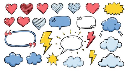 Hand-drawn doodle illustration set with colorful hearts, speech bubbles, clouds, and lightning bolts.