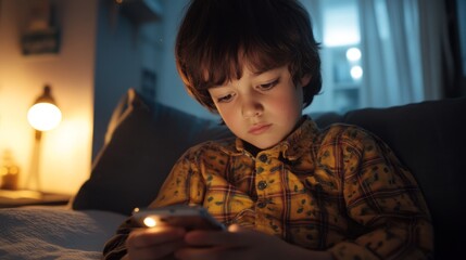 Boy sitting at home using smartphone digital dependency