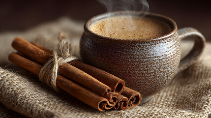 Cinnamon sticks tied beside steaming coffee, butterfly lighting soft warmth, macro shallow DOF, complementary palette beige/orange, 