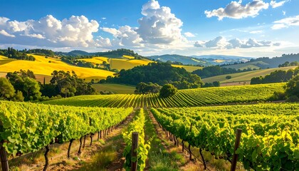 Fototapeta premium A sprawling vineyard stretches across rolling hills bathed in sunlight, showcasing a vibrant landscape of green vines and golden fields beneath a beautiful sky.