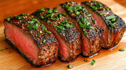 Juicy New York strip steak with cracked pepper crust, high-resolution image for culinary inspiration.