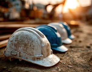 Construction site scene with four dusty hard hats in a row, sunset in background