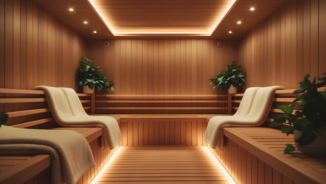 Interior view of a sauna room with wooden benches plants and soft lighting creating a relaxing space - Powered by Adobe