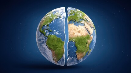 A split Earth illustration, showcasing continents and oceans, symbolizing global themes such as unity, division, or environmental concerns.