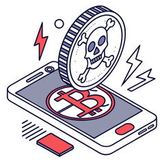 Vector illustration of smartphone with Bitcoin logo and coin showing skull symbol, representing cryptocurrency scam, digital fraud, hacking risk, and online financial danger.