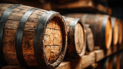 Whiskey aging: Row of rustic oak barrels for premium alcoholic beverages aging in a cellar
