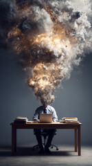 Stressed businessman feeling anxiety and pressure from work overload. burnout explosion showing mental health crisis