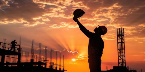 Engineer lifting helmet towards sunrise sky construction site dramatic silhouette orange glow inspirational moment