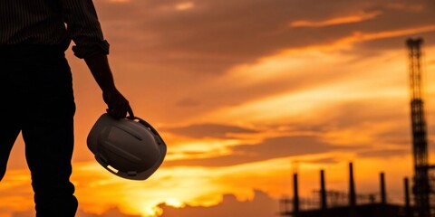 Engineer holding helmet silhouette against dramatic orange sunset sky at construction site landscape photography inspirational concept