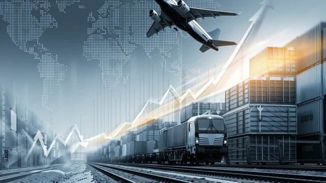 Global Trade Ascent: An artistic depiction of global trade and logistics. A rising graph, train, plane, containers and a world map in one art work.