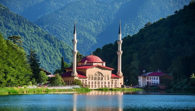 mosque nestled by uzungol mountain lake in trabzon turkey mosque uzungol mountain lake trabzon turkey serene