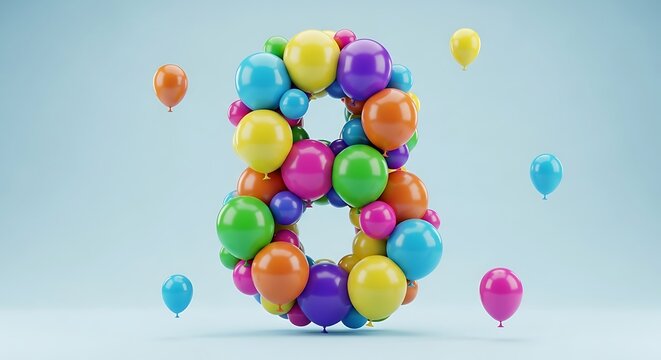 Colorful Number Eight Made of Balloons on a Light Blue Background.