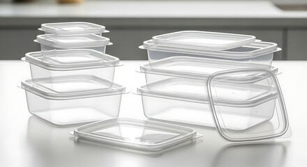 Clear plastic food storage containers with lids on a white surface.