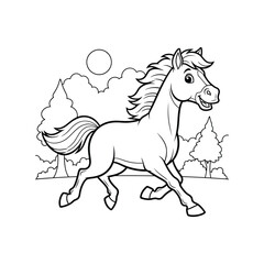 Cartoon horse running freely under moonlit sky with trees and clouds line art vector