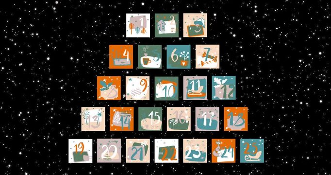 Christmas advent calendar sheets with drawings cute colorful Christmas ornaments with number of day of december. Calendar tear sheet opens chroma green screen. Christmas 4K video graphic animation