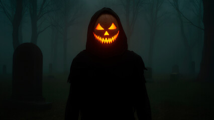 Creative Halloween character design. A headless figure uses a carved pumpkin as its head, creating an eerie and unsettling atmosphere