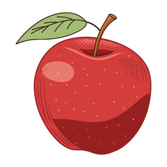 Red Apple with Stem and Leaf Hand Drawn Illustration