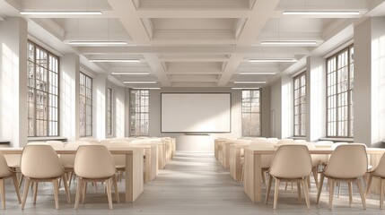 Bright Modern Classroom Interior with Desks, Chairs, and Projector Screen for Educational or Corporate Training