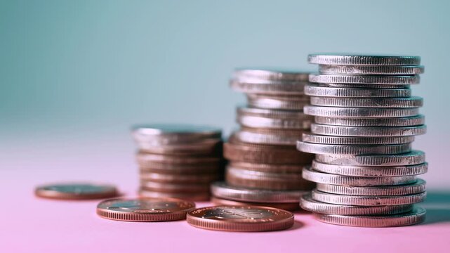 Stacked Coins: Close-up shot of stacks of coins, illustrating financial growth, savings, and wealth. The image highlights the textures of coins in this dynamic composition.
