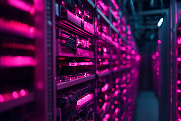 Powerful crypto mining farm with hundreds of graphics cards and neon lights for cryptocurrency blockchain data center generative ai