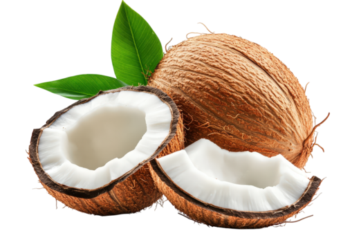 Fresh coconut with green leaves isolated on transparent background, a healthy tropical fruit