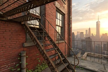 Rooftop view of New York City skyline with vintage fire escape and brick building facade providing a sense of urban decay and resilience