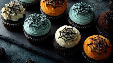Cupcakes decorated with spiderweb frosting on slate tray, butterfly lighting with high contrast shadows, overhead flat lay perspective, split-complementary color palette, negative space minimalism, 
