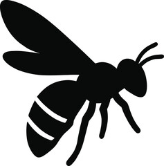 Minimal vector silhouette, bee mid-flight wings spread, side view, solid black