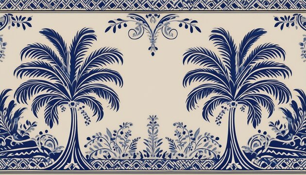 symmetrical folk art palm tree border in indigo and beige decorative pattern design for versatile usage