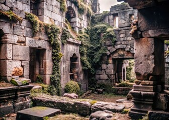 Ancient stone ruins with moss-covered walls and overgrown vegetation