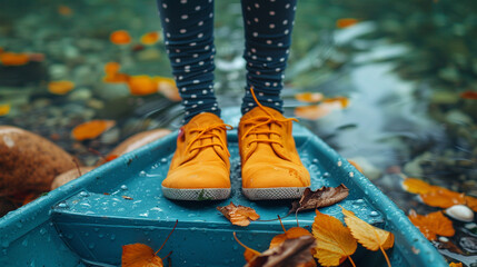 Child's feet in orange shoes on a blue boat, surrounded by autumn leaves in a watery environment.