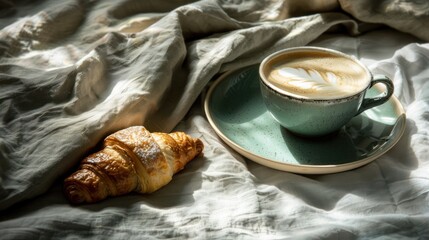 Coffee Cup with Latte Art and Croissant on Bedside Table in Morning Light