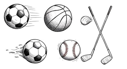 Hand-drawn Sports Equipment: Soccer, Basketball, Golf, Baseball.
