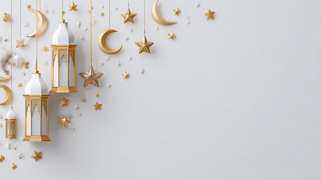 Elegant gold and white lanterns with stars and moons hanging against a soft white background