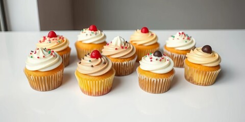 A dozen delectable cupcakes, frosted and decorated, sit on a pristine white surface,  white background,  high angle