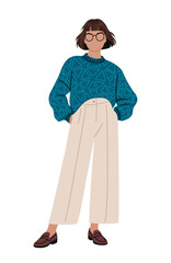 Stylish woman in oversized patterned sweater, wide-leg beige trousers, and loafers, full length, Vector illustration isolated on transparent background, modern fashion flat design
