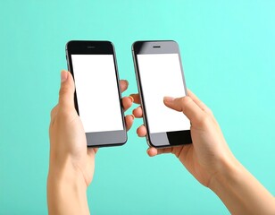 Two smartphones held, blank screens