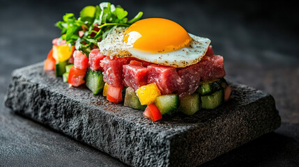 Delicious steak tartare topped with raw egg yolk, presented in high fidelity for culinary visuals.