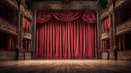 Fototapeta premium Grand Theater Stage with Red Velvet Curtains, Ornate Architecture, and Empty Wooden Floor