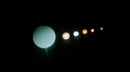 unknown. A wide-angle view of the solar system's planets in alignment, featuring a mysterious translucent sphere. STEM education sheets.