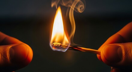 Close-up of a lit match held between two fingers, creating a flame.