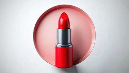 A vibrant red lipstick circle shape sits against a clean white background with space surrounding it