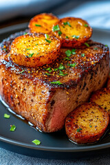 A delicious steak garnished with chili flakes and garlic chips, captured in high fidelity.