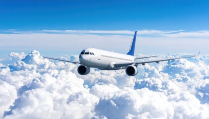 Obraz premium Commercial airplane soaring through fluffy clouds beneath a vibrant blue sky adventure