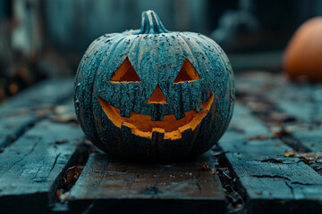 Generative AI photo of funny halloween pumpkins outdoors horror autumn night decor