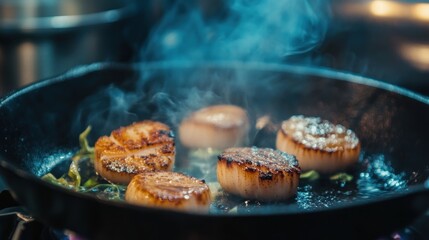 Sea scallops sizzling in pan