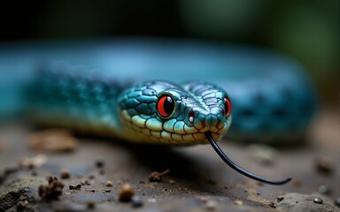Fototapeta premium Observing Blue Pit Viper Snake with Red Eyes and Protruding Tongue. High quality