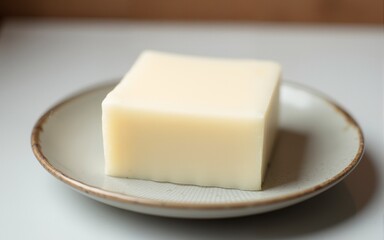 Off White Square Soap on Speckled Ceramic Dish. High quality